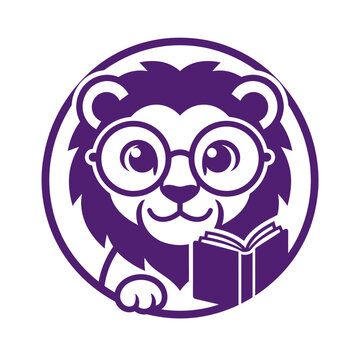 Purple circular logo featuring a cute cartoon lion wearing round glasses while reading an open book for educational branding