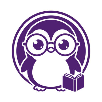 Cute purple penguin mascot wearing round glasses reading a book inside a circular frame for education and school library branding design