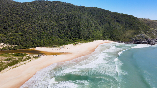 Drone Aerial Shot of Lagoinha do Leste Beach and River Mouth in Florianopolis Brazil, Pristine Sand Coastline with Mountain Forest and Ocean Waves, Wild South America Travel Landscape Photography
