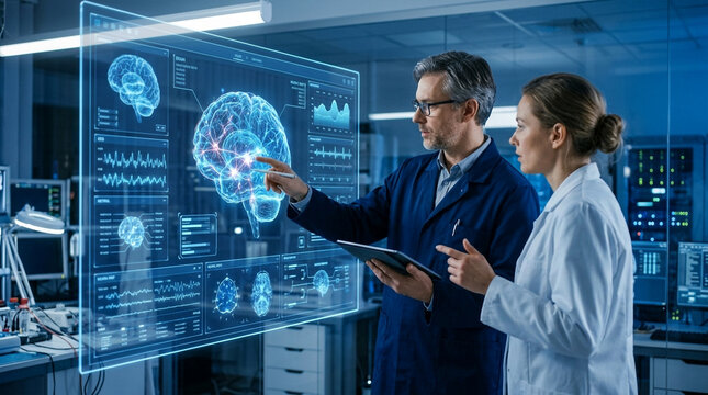 Medical scientists interacting with a holographic human brain interface in a dark laboratory