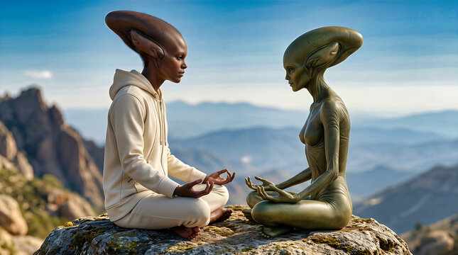 Two alien beings meditating together in lotus position on a rocky mountain peak