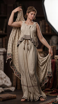 Ancient Greek woman in historical peplos holding draped fabric inside a library study