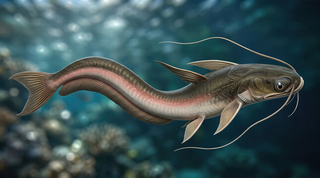 Walking catfish Clarias batrachus underwater in fresh water lake