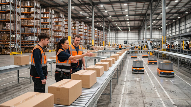 Warehouse crew kicks off automated package sorting shift