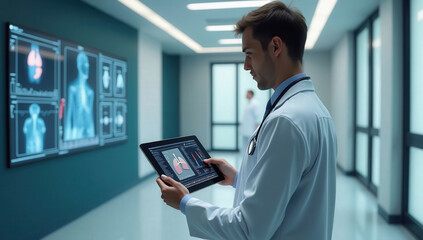 Fototapeta premium Doctor Examining Medical Images on Tablet in Modern Hospital Hall