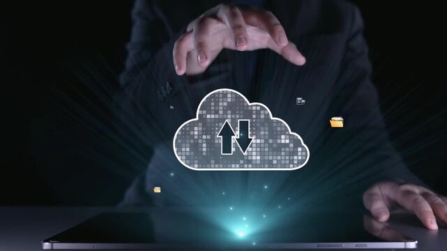 A professional hand reaches for floating digital cloud storage icons, symbolizing innovative data management, file sharing, and efficient online backup solutions. Qubit