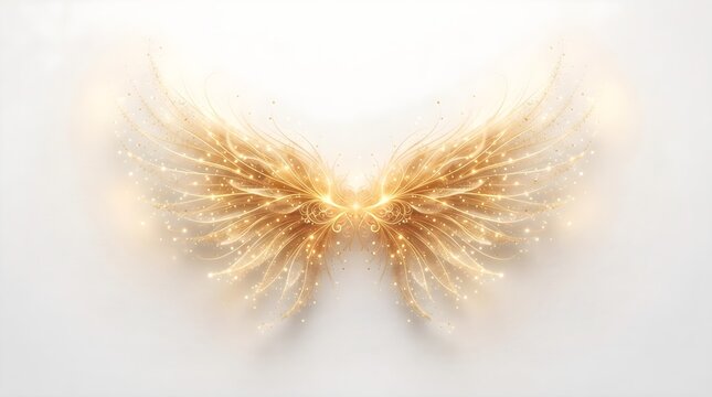 Glowing golden angel wings made of light and sparks isolated on white background with sparkle wings magic wings fantasy wings bird wings abstract wings heavenly