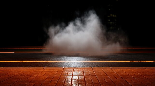 Steam rises from a street grate on a wet, dimly lit city street at night, creating a mysterious and atmospheric urban scene.