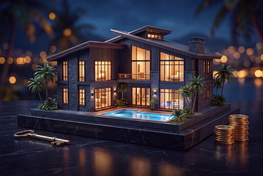 A warmly illuminated modern villa model with a swimming pool sits in a tropical night landscape, presenting an exclusive resort-style residential property.