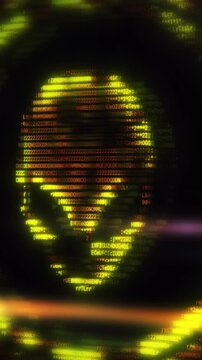 Alien face emerging from binary code on computer screen