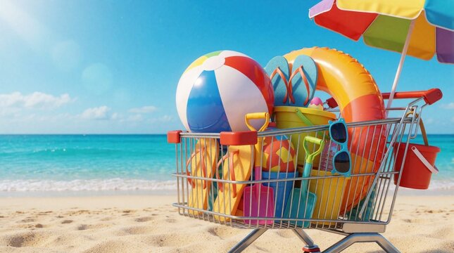 Shopping cart full of beach stuff sits on sandy shore near ocean waves. Beach ball, umbrella, flip flops, buckets, and inflatable ring suggest a fun family holiday getaway.