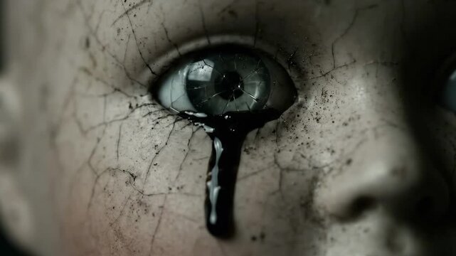 Cinematic 4K Haunted Porcelain Doll Face with Cracked Texture Crying Single Black Liquid Tear in Spooky Macro Horror Detail