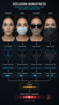 Facial recognition system identifying a woman despite mask, sunglasses, and scarf. Occlusion robust biometric surveillance with feature extraction, data fusion, and shared identity embedding.