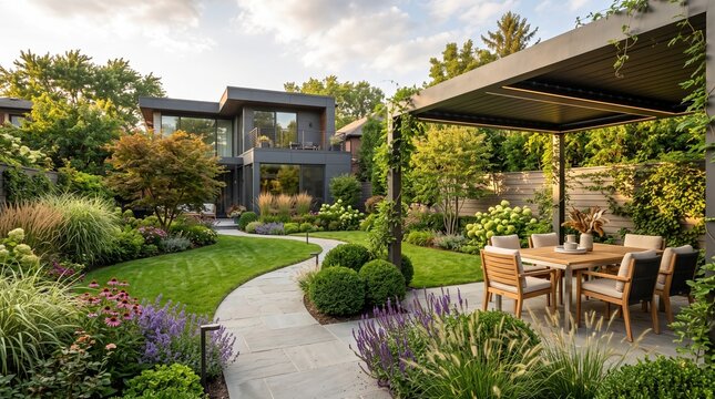 Modern luxury backyard featuring stone pathways and lush gardens surrounding a wooden dining table under a sleek metal patio pergola