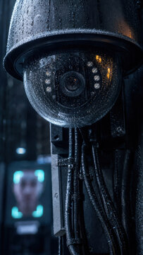 Close-up of a rain-covered security camera with surveillance lens and cables. Weather-resistant monitoring technology for public safety, privacy, facial recognition and big data security.