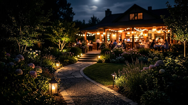 Charming outdoor restaurant patio at night with string lights and moonlit garden path