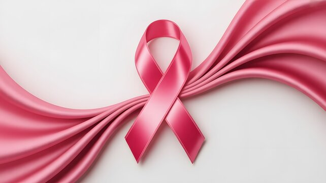 Vibrant pink ribbon resting on elegant flowing silk fabric symbolizing breast cancer awareness and global solidarity