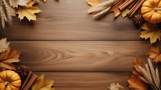 Rustic autumn flat lay photography featuring vibrant orange pumpkins and golden fallen leaves on wooden boards