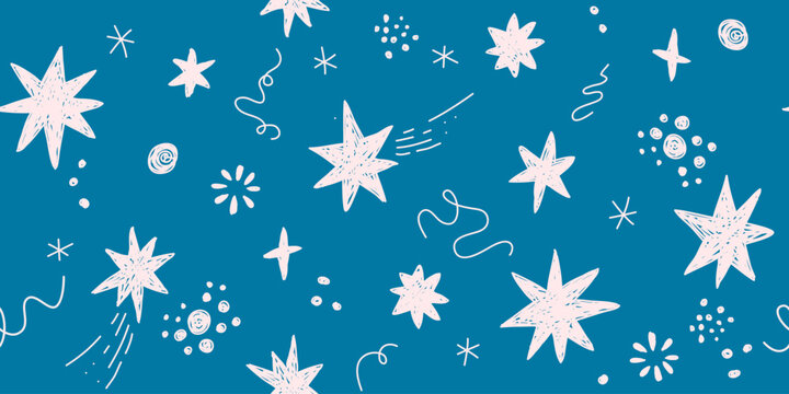 Hand drawn Christmas stars seamless pattern. Doodle night sky vector background