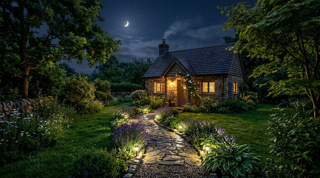 Charming stone cottage nestled in a lush garden path under a moonlit night sky