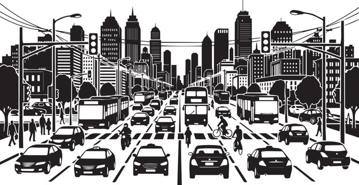 Urban city traffic street scene silhouette vector graphic for transportation planning and infrastructure design.