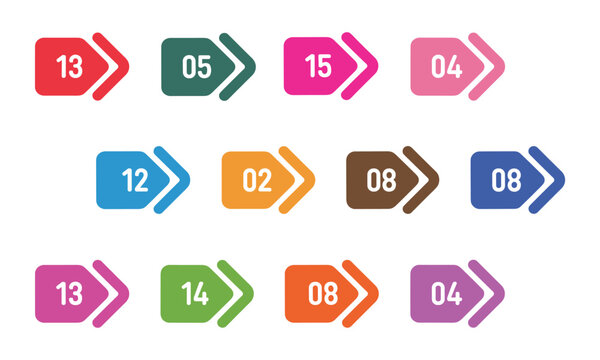 Set of colorful numbered arrow shapes indicating progress or steps in a sequence with white backgrounds