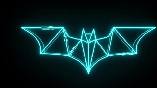 Premium 4K Neon Cyan Geometric Bat Icon with Digital Glitch Effect on Black Background Seamless Loop for Halloween Party