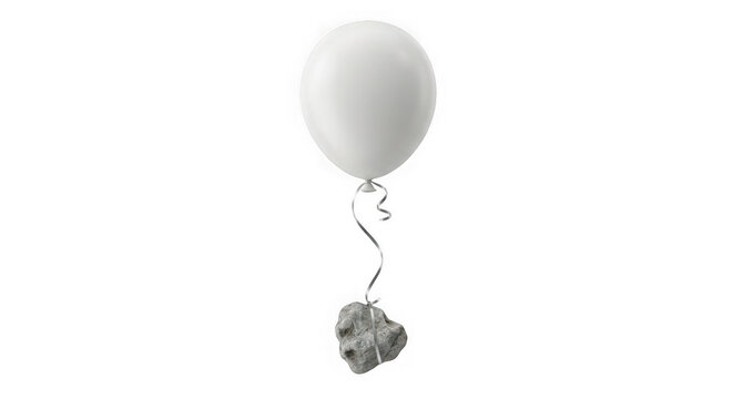 White balloon floating upwards while tied to a heavy rock isolated on transparent background