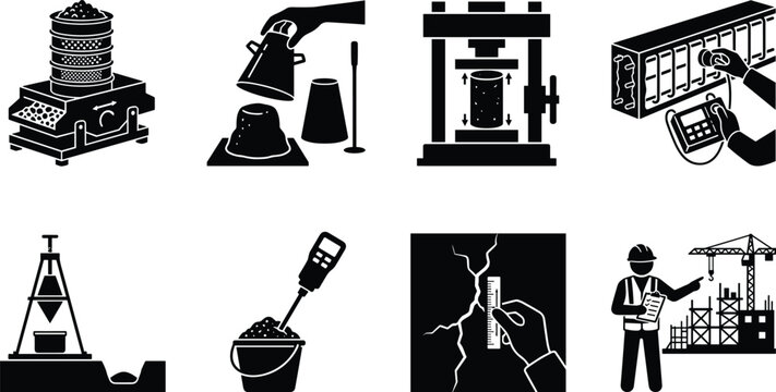 Concrete and material testing icon set featuring sieve shaker slump test compression machine soil test and inspection process