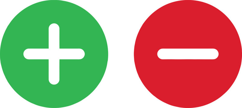 Green plus and red minus round icons representing positive and negative signs on white background