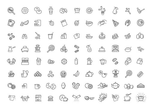 Vector outline breakfast icons. Cooking set