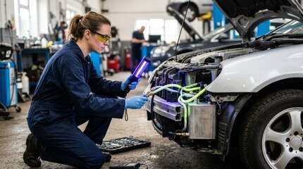 Fototapeta premium Mechanic uses UV light to detect car AC refrigerant leak in bright workshop, focused on detail and precision