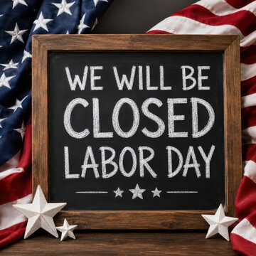 A wooden framed blackboard announces a labor day closure amidst patriotic american flag drapery