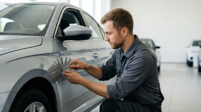 Automotive technician inspects car panel gaps with feeler gauge in modern studio, precision detail