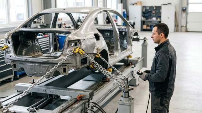Auto body technician repairs car frame on straightening machine using chains and remote control in clean workshop