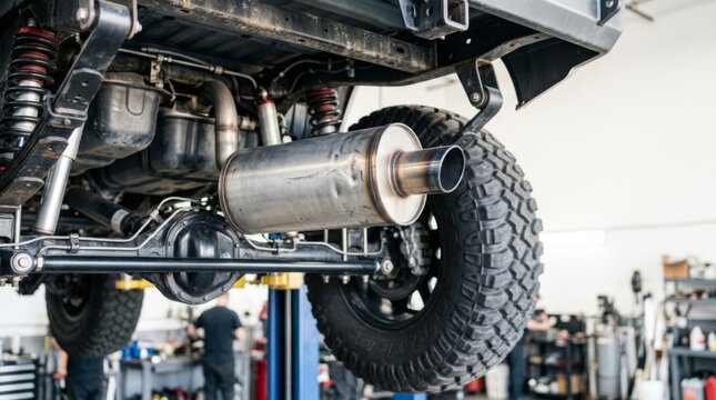 Damaged muffler on lifted vehicle in bright auto shop with bokeh background