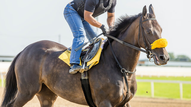 A bay Thoroughbred horse training on a track.