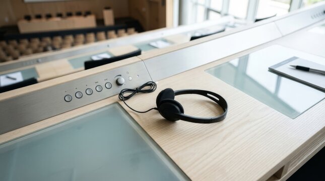 Interpreter headphones and console on a sleek desk in a modern conference room, ready for global communication