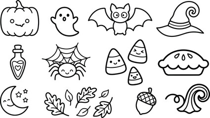 Fototapeta premium Kawaii halloween characters set with pumpkin spider web candy corn and pie for festive autumn graphics.
