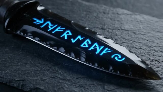 Cinematic 4K Premium Mystical Ritual Dagger Pulsing with Glowing Blue Ancient Runes on Dark Stone Background Seamless Loop