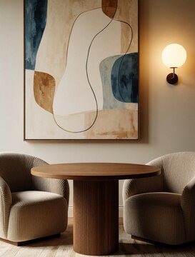 Modern living room has round wood table and two ribbed chairs under abstract art. Warm wall lamp adds soft light. Elegant interior design creates cozy atmosphere.