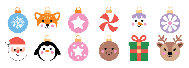 Fototapeta premium Set of flat christmas ornaments featuring cute animal faces, holiday and festive patterns in pastel and bright colors