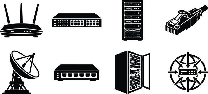Network hardware and telecommunications icon set featuring wifi router, network switch, server rack, ethernet cable, and satellite dish