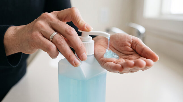 Close-Up View of Person Pumping Hand Sanitizer Gel from a Dispenser Bottle for Hand Hygiene and Disinfection