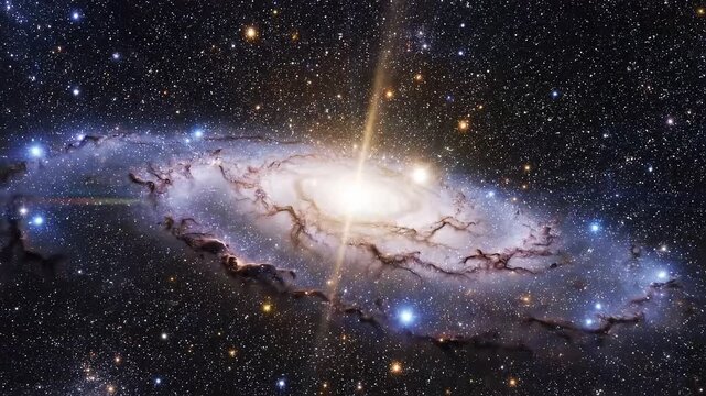 Cinematic slow tracking shot of a glowing spiral galaxy surrounded by vibrant purple, blue, and gold nebulas in deep space.