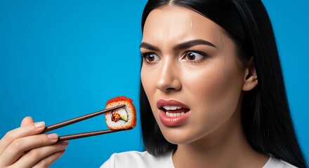 Obraz premium Young woman expresses emotions while eating spicy sushi with chopsticks against blue background