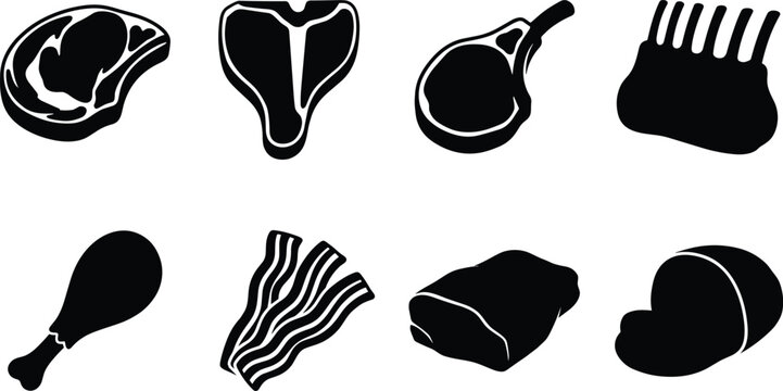 Raw meat cuts silhouette vector set featuring steak t bone rib eye lamb chops bacon chicken drumstick roast beef and ham