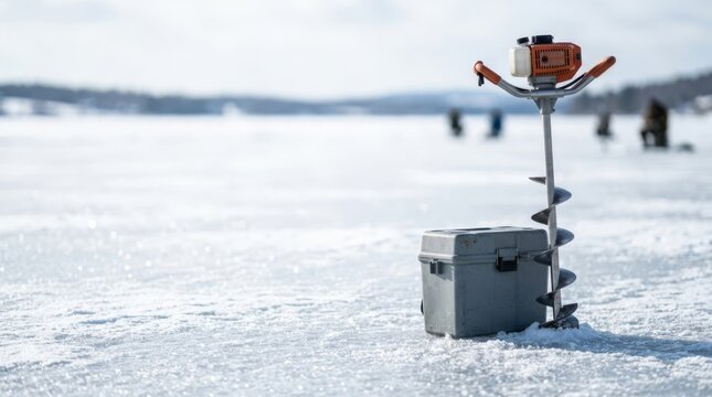 Ice auger and tackle box ready for ice fishing on a bright frozen lake with copy space