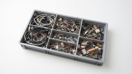 Fototapeta premium Compartment sorting tray filled with electronic waste and small recycled parts on light background.
