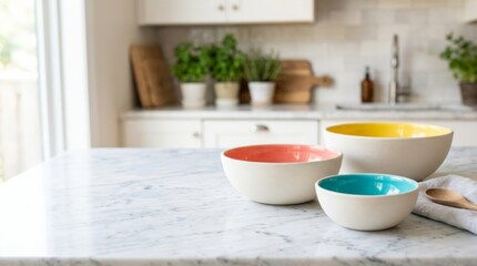 Fototapeta premium Modern Kitchen Island with Colorful Ceramic Bowls: Copy Space for Design, Bright Natural Light, Unbranded Aesthetic